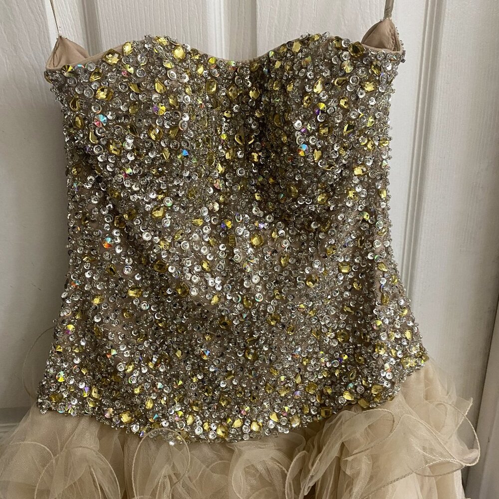 Strapless Tan Rhinestone Mini Dress – Perfect for Holiday Parties!